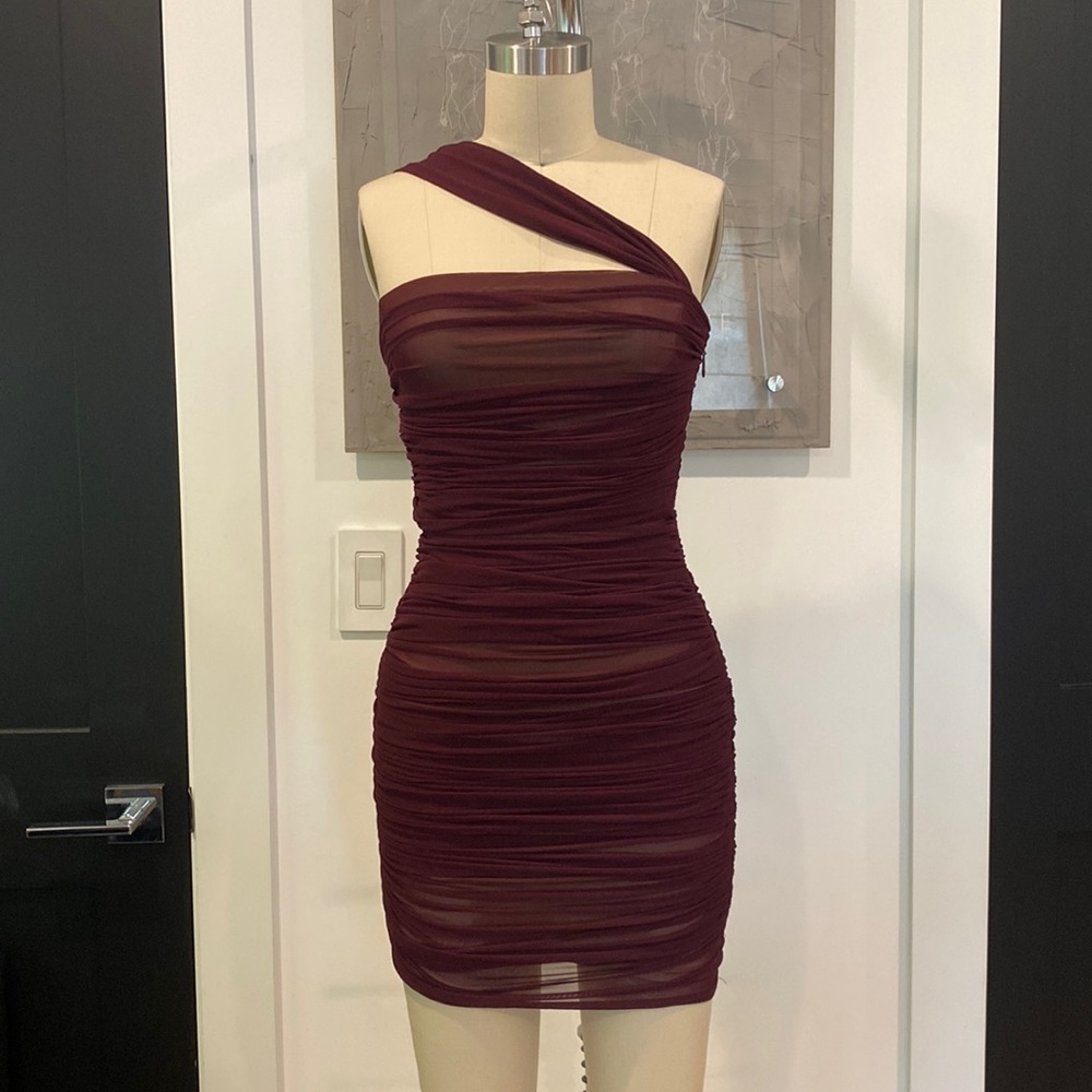 Michael Costello Wine One-Shoulder Mini Dress